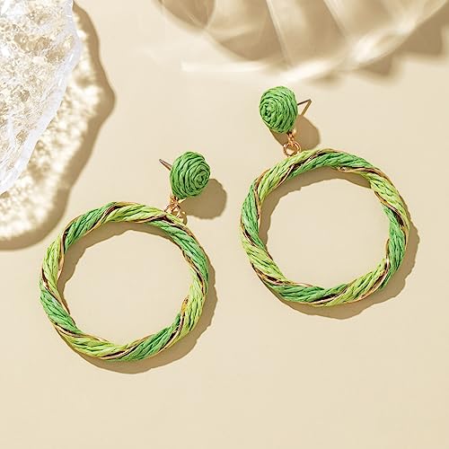 Boho Raffia Hoop Dangle Earrings Twisted - Statement Rattan Round Geometric Earrings For Summer Beach Vacation - color: GREEN