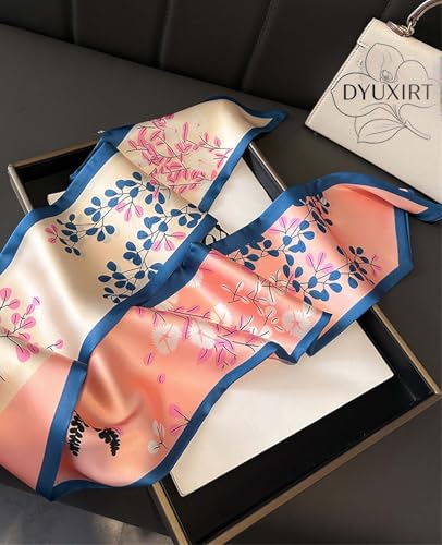 Head Scarf Purse Handle Neck Satin Hair Scarfs For Bag Lightweight Silky Long Thin Women's Fashion Scarves 59 * 5.9” - color: H15-pink Leaves(59*5.9inch)