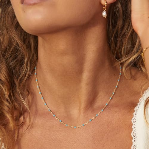 Gold Necklaces for Women Trendy, 14K Gold Plated Dainty Lip Chain Simple Choker Hypoallergenic Waterproof Boho Necklace Fashion Accessories Women Jewelry for Her - color: O chain-blue