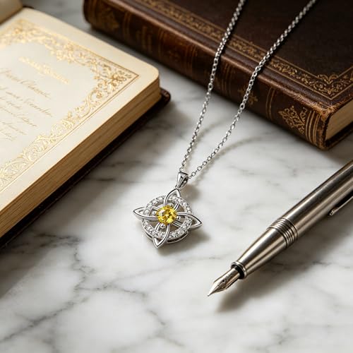 Mystical Birthstone Witches Knot Necklace – Natural Crystal Celtic Pendant, Wiccan Pagan Jewelry Gift for Women - color: October