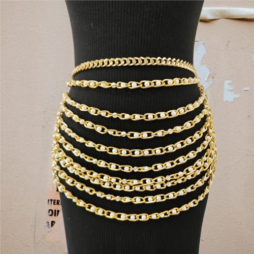 THREEBOY Women Apparel Belts Fashion Sexy Multilayer Metal Pearl Waist Chain Belt - color: Gold Pearls