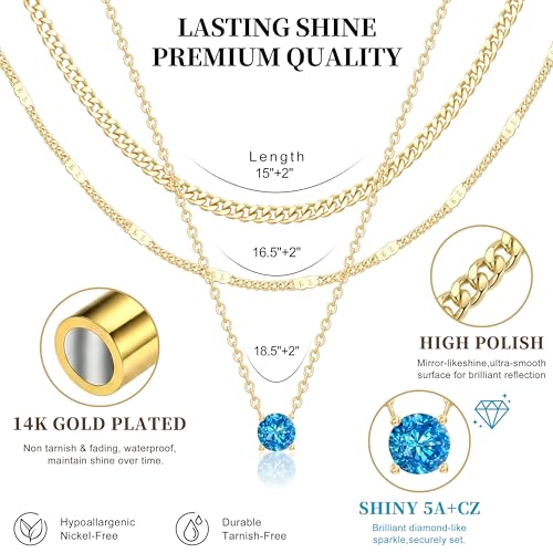 WomenGifts Layered Gold Necklaces for Women, 14K Gold Sterling Silver Plated Dainty Pendant Necklace Set Non Tarnish, Chunky Stackable Cuban Chain Choker, Trendy Birthstone Vacation Jewelry Gift - color: Gold, style: Cubic Zirconia-Created Aquamarine-Mar