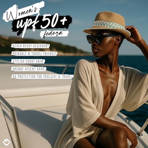 Funky Junque Straw Fedora Hats for Women - UPF 50+ Sun Hat, Short Brim Packable Beach Hat with Woven Pattern - color: Aqua