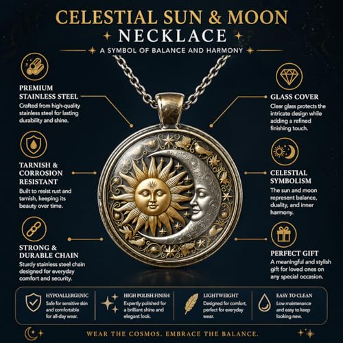 1pc Stunning Round Pendant Necklace - Unique Sun & Moon Pattern, Oil Painting Style Glass Mosaic, Alloy Construction, Trendy Sweater Chain, Fashionable Gift for Women - Christmas or Birthday Gift - color: Gray Moon (Bronze)