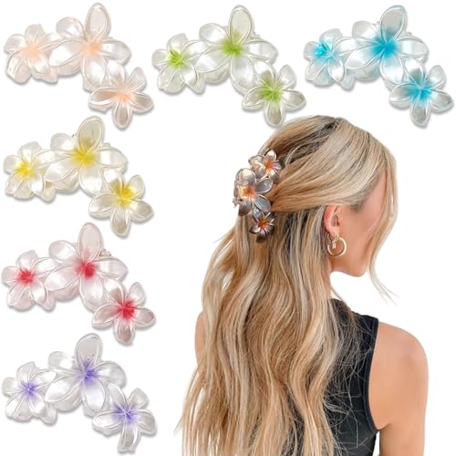 YONOY 6Pcs Flower Hair Clips for Women,Non-Slip Matte Flower Hair Clips for Women,Hawaiian Hair Flower Clip Large Plumeria Banana Cute Clip Beach Hair Accessories (Pearlescent color) - color: Color C