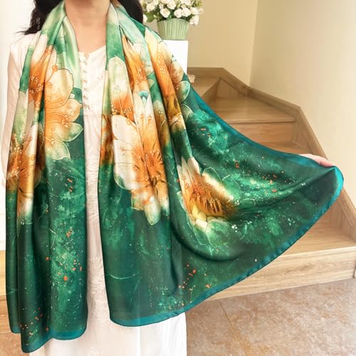 Long Silk Like Scarf Lightweight Satin Scarves Large Sunscreen Shawl Wrap for Women - color: 004.big Flowers Green