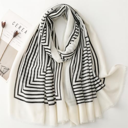 WaJuemy Travel Boho Scarf for Women Casual Lightweight Pashmina Scarves Fashion Multicolor Shawl Wraps with Fringed Beads - color: 35 Black Stripe