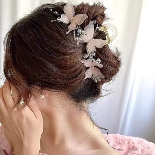 Set 2pcs Elegant Butterfly Hair Clips, Pearl Decorated Crab Claw Hairpins, White Wedding Hair Accessories, 4.92 x 2.55 inches