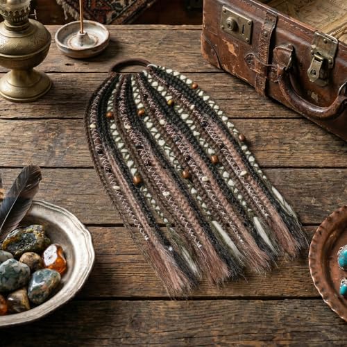 SEIKEA Boho Braided Ponytail Extension on Hair Tie, 16" Full Volume Lightweight Viking Dreadlock Ponytail Braid in Dreadlock Extensions with Beads and Shells, Festival Hair Accessories for Women Girls - color: Dark Brown and Olive Green Mix