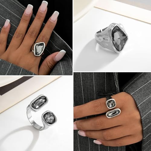 CHICUTIE Silver Kunckle Rings Set for Women, Stackable Chunky Crystal Finger Midi Stacking Rings, Dainty Black Cubic Zirconia Statement Thumb Knuckle Rings Pack Jewelry Gift