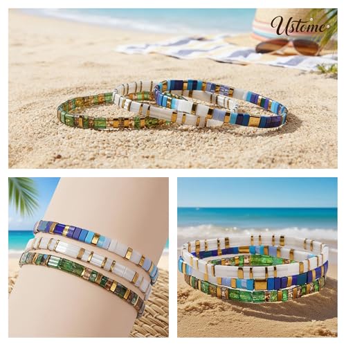 Tila Flat Square Stack Beaded Bracelets Set for Women Men, Boho 3Pcs Romantic Handmade Healing Gold Colorful Stretch Accessories Jewelry, Daily Vacation Party Holiday Friendship Gift - color: Blue white Green