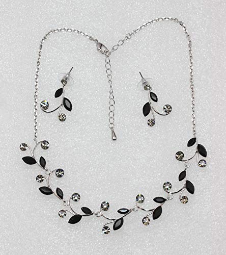Faship Gorgeous Rhinestone Crystal Floral Necklace Earrings Set - color: Black
