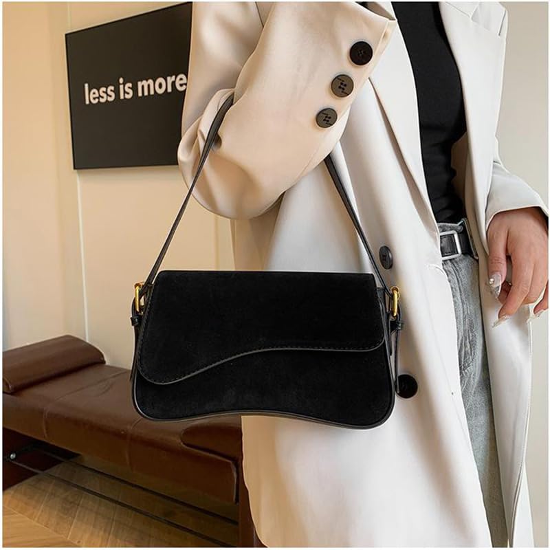 Women's Shoulder Bag Suede Handbag Underarm Purse Tote Bag Brown Suede Purse Y2K Crossbody Bag with Removable Strap - color: Black