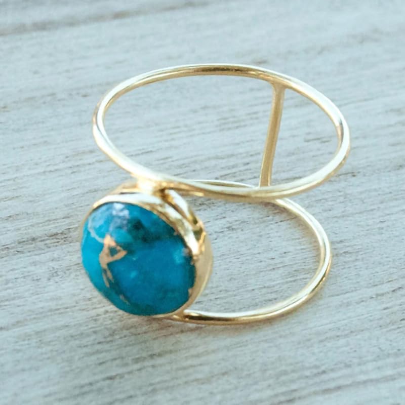 14K Gold Plated Statement Ring for Women Simulated Blue Turquoise Boho Simple Minimalist Jewelry 925 Silver Plated Gem Women's Ring Bohemian Jewelry Handmade Simple Ring G-6# - color: gold, size: 6#