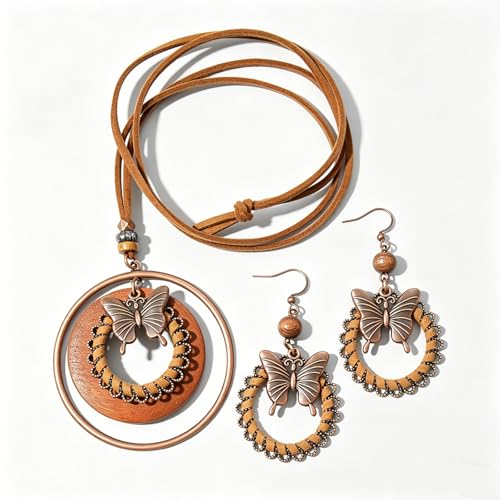 Wooden Leather Necklaces Set Bohemian Wood Stack Discs Long Chain Hemp Rope Bronze Plated Pendant Ethnic Tribal Fall Leaf Earrings Jewelry Statement Necklace - color: R-033