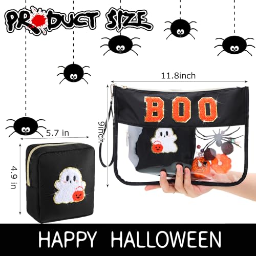 Hillban 2 Pcs Summer Halloween Gifts Chenille Letter Bags Boo Patch Makeup Bag Spooky Pumpkin Flat Clear Pouch PVC Organizer Purse Waterproof Travel Cosmetic Bag Portable Storage Case for Women - style: Boo Theme
