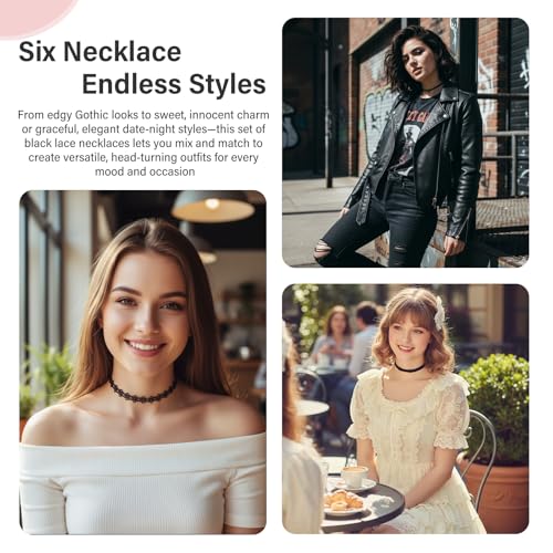 6 Pcs Black Choker Necklaces Black Velvet Choker Set Classic Gothic Tattoo Lace Chokers,Adjustable Lace Choker Necklace For Women