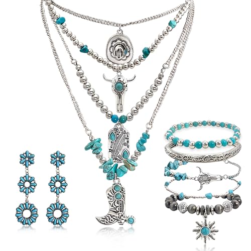 Turquoise Western Jewelry Set for Women, Boho Cowgirl Earrings Bracelet Stack and Layered Necklace, Silver Tone, Multiple Styles - style: Sunflower