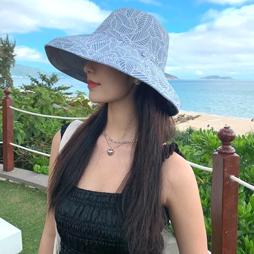 HUAMULAN Women Summer Sun Hat Wide Brim Wired Edge Floral Beach Bucket Hats Reversible Foldable Travel UV Protection Lady Hat - color: Blue