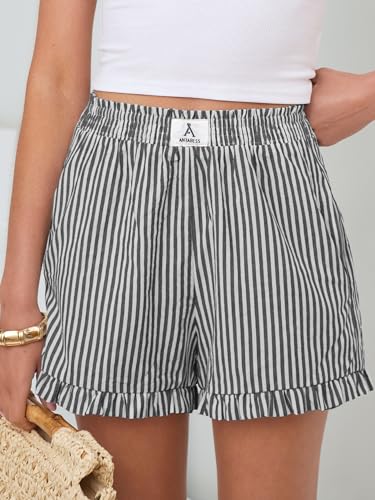 ANRABESS Boxer Shorts for Women,Gingham Plaid Elastic Waist Ruffle,Perfect for Lounge,Pajama&Sleep,Cute Casual Summer Bottoms - color: Black White Stripe, size: Small
