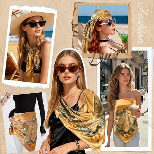 Large Square Head Scarf Bandana - 35" Satin Hair Scarf for Women Like Silk Scarf Fashion Hair Wrapping - color: Paisley(brown), size: 35IN*35IN