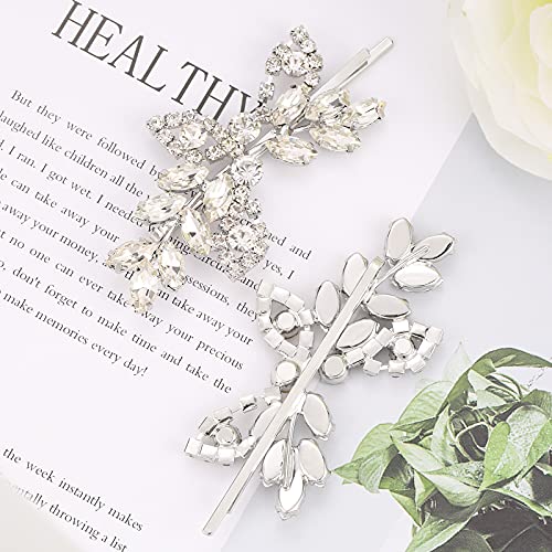 Waydress 4 Pcs Rhinestone Hair Clip Wedding Bridal Hair Barrette Decorative Leaf Crystal Side Hairpin Accessories for Women(Rhinestone Style,Silver) - color: Silver