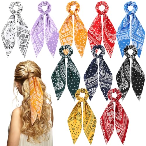 Chuangdi 10 Pcs Hair Scrunchies Hair Scarf with Ribbon Bunny Ears Chiffon Floral Bow Ponytail Holder Boho Elastic Floral Ropes 2 in 1 Vintage Accessories for Women(Paisley) - style: Paisley