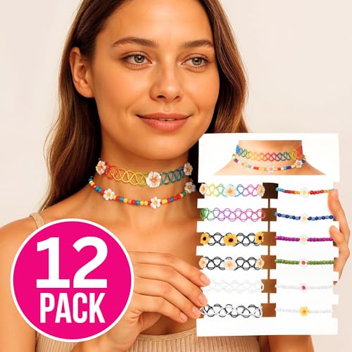 BodyJ4You 12PC Tattoo Choker Necklace for Women - 90s Choker Necklaces Y2K Fashion Trendy Vintage - Emo Black Choker Rainbow Pink White Purple Neon Green Blue Daisy Flower - color: Black, Rainbow, Blue