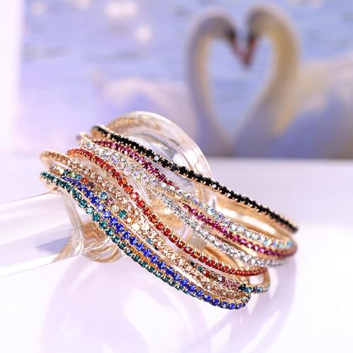 14K Gold Plated Dainty 10Pcs Colorful Cubic Zircon Crystal Beaded Adjustable Stackable Stretch Sparkling Tennis Chain Bracelet Set Birthday Wedding Jewelry for Women - color: mix