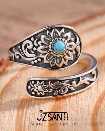 Turquoise Jewelry for Women - Sterling Silver Turquoise Rings Vintage Adjustable Sunflower Dragonfly Butterfly Spoon Ring Victorian Style Boho Antique Flower Thumb Statement Rings Jewelry Gifts for Women - color: Turquoise & Sunflower