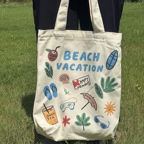 Canvas Tote Bag with Zipper for Women, Aesthetic Tote Bag with Pocket for Vacation, Shopping, Travel, Beach - style: Beach Vacation