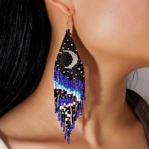 Bohemian Beaded Long Tassel Dangle Earrings for Women, Handmade Jewelry White Tarnish Resistant Lightweight Design, Stylish Accessory for Beach Vacation Party and Gift - color: blue-2