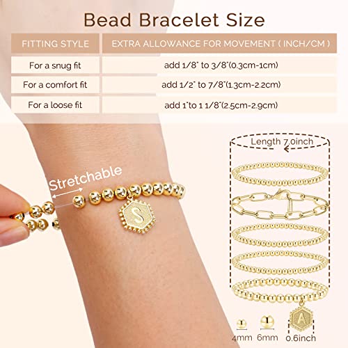 Gold Beaded Bracelet for Women - 14K Real Gold Plated Bead Bracelet Stretchable Elastic Chain Ball Bracelet Kit Jewelry Gifts with Letter Pendant - color: Gold-J