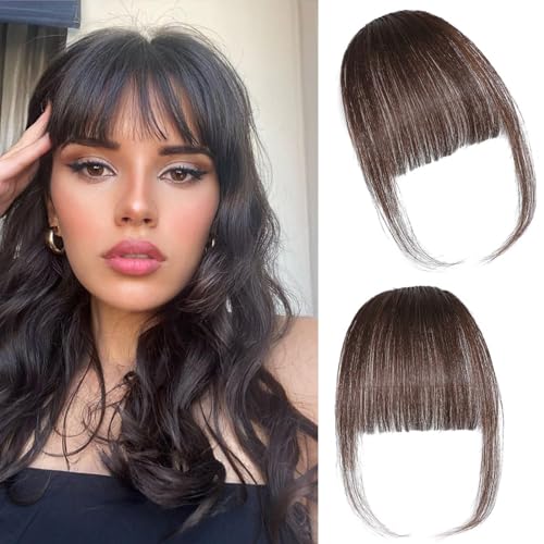 Clip in Bangs 100% Real Human Hair Extensions Wispy Dark Brown Fake Hair Pieces for Women Fringe with Temples Daily Wear - color: Dark Brown, size: Wispy Bangs