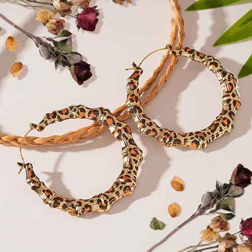 Bamboo Hoop Earrings, Large Hip Hop Bamboo Earrings for Women Silver Plated Statement Oversized Bamboos Hoop Earrings Set for 80s 90s Rapper Accessories Daily Wear Fashion Party - color: Leopart, size: 90m