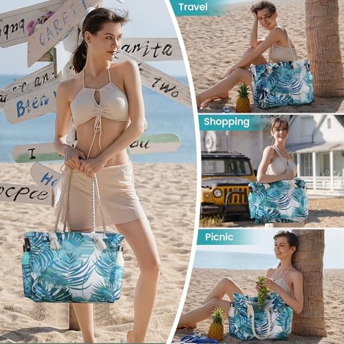 Clothirily Beach Bag for Women - Large Beach Tote Bag, Waterproof Sandproof Beach Bag with Zipper, Large Swim Pool Beach Tote - color: Green Leaves