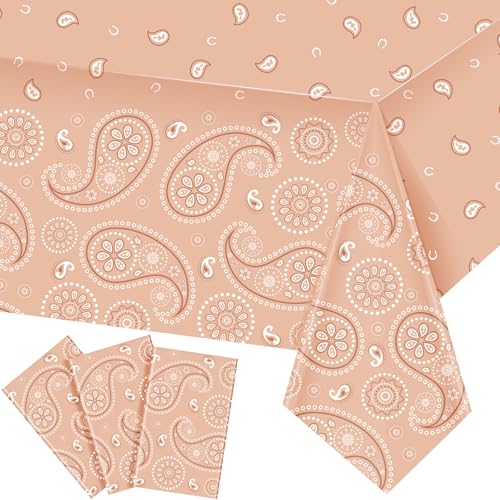 Tatuo Western Party Tablecloth Paisley Table Cover Bandana Plastic Table Cloth Rectangle Floral Tablecloth for Western Cowboy Themed Party 108 X 54 Inch(Apricot,3 Pack) - color: Apricot