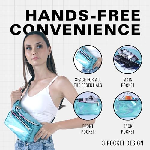 Holographic Fanny Pack Belt bag - Crossbody Waist Bag for Men or Women - Hands-Free, Waterproof Large Bumbag for Hiking, Running, and Travel (Blue Glitter) - color: Glittler Light Blue