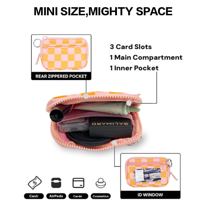 Wristlet Wallet for Women Mini Zip Card Case with Clear ID Window Zipper Coin Purse Lightweight Portable Keychain Wallet - color: Orange Pink