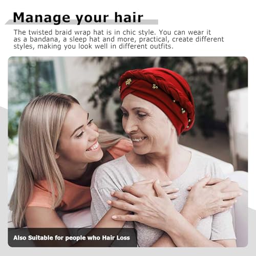 African Women Turban Caps Pre-Tied Twisted Turbans Head Scarf for Women Hair Wraps Cover Beanie Cancer Chemo Headwear - color: 1 Pack Twisted Braid: Gold Bead Burgundy