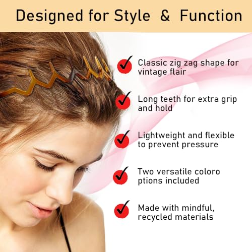 Zig Zag Headbands, Recycled Plastic Wavy Hair Band with Teeth, Headbands for Women and Men, Classic 90s Hair Accessories, (1 Black Color+1 Brown)