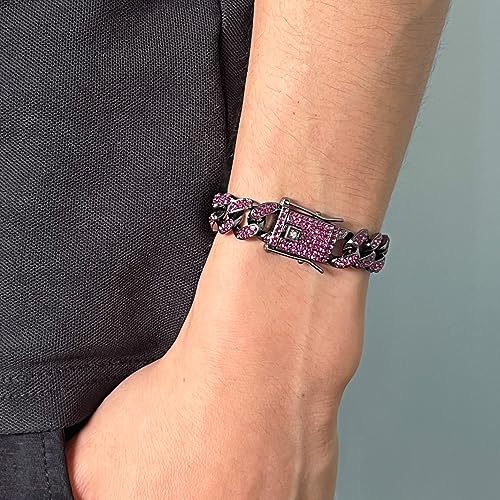 Apzzic Cuban Link Bracelet Iced Out Miami Gold Plated Hip Hop Full CZ Prong Diamond Bracelet with Giftbox Cuban Link Anklets for Men Women - color: Purple-Bracelet