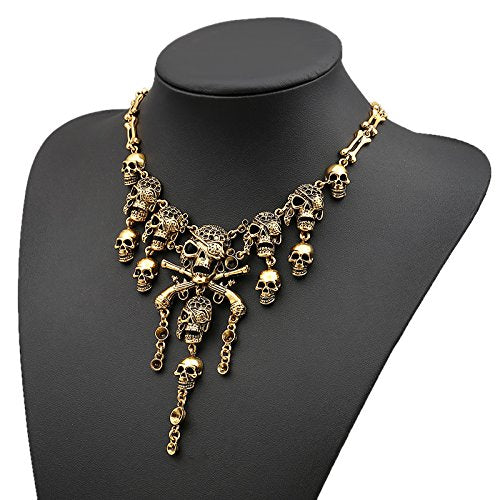 Pingyongchang Vintage Pirate Skull Tassel Charm Necklace and Skull Bracelet Lady Horror Necklace for Women - color: Antique brass