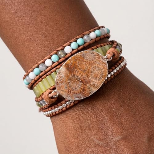 YGLINE Boho Handmade Wrap Leather Tube Crystal Stone Bracelet for Women - color: Agalmatolite