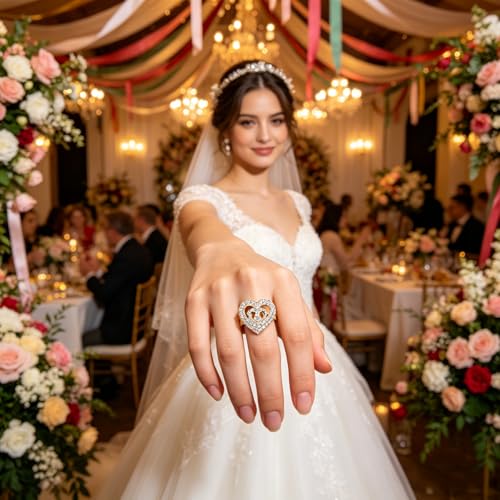 Sparkling Rhinestone Ring Bohemia Thick Large Oval Geometric Ring Square Princess Rings Fashion Heart Zircon Crystal Ring Prom Wedding Party Ball Rings for Women - color: Heart-shaped