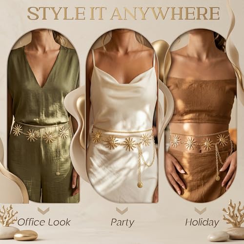 Florideco Waist Chain Belt for Women, Layered Belly Chain, Waterproof Boho Pearl Concho Cuban Body Chain, Adjustable Summer Beach Coachella Fashion Jewelry for Jeans Dresses - style: Gold Plated-Sun&Cuban Chain