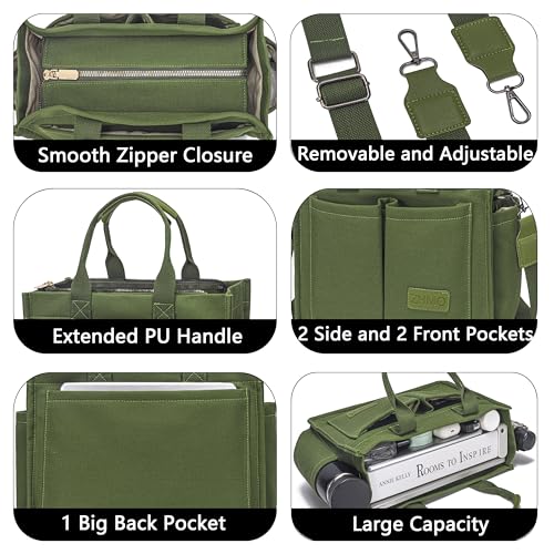 ZHMO Canvas Tote Bag for Women,Women's Bags Crossbody Bags Work Laptop Tote Bag Large Handbags Purse for Travel Nurse Teacher - color: New Upgrade Army Green With Compartments and Side Cup Holders