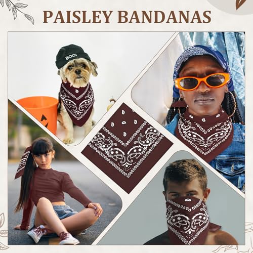 12 Pack Bandanas Unisex Paisley Cowboy Bandanas Bulk Multi Purpose Headband Scarf for Men Women Costume - color: Brown, style: Classic