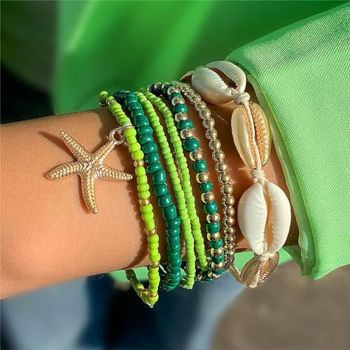Pingyongchang Bohemian Stackable Shell Beaded Ankle Bracelets for Women Colorful Boho Multi-Layer Seashell Gold Starfish Adjustable Handmade Braid Bracelet Summer Beach Holiday Accessories Gifts - color: Green