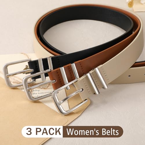3 Pack Women's Belts for Jeans Pants Dresses Fashion Ladies Leather Waist Belt with Buckle Leather Belts - color: Black+beige+brown(silver), size: Fit Waist Size 25-30in